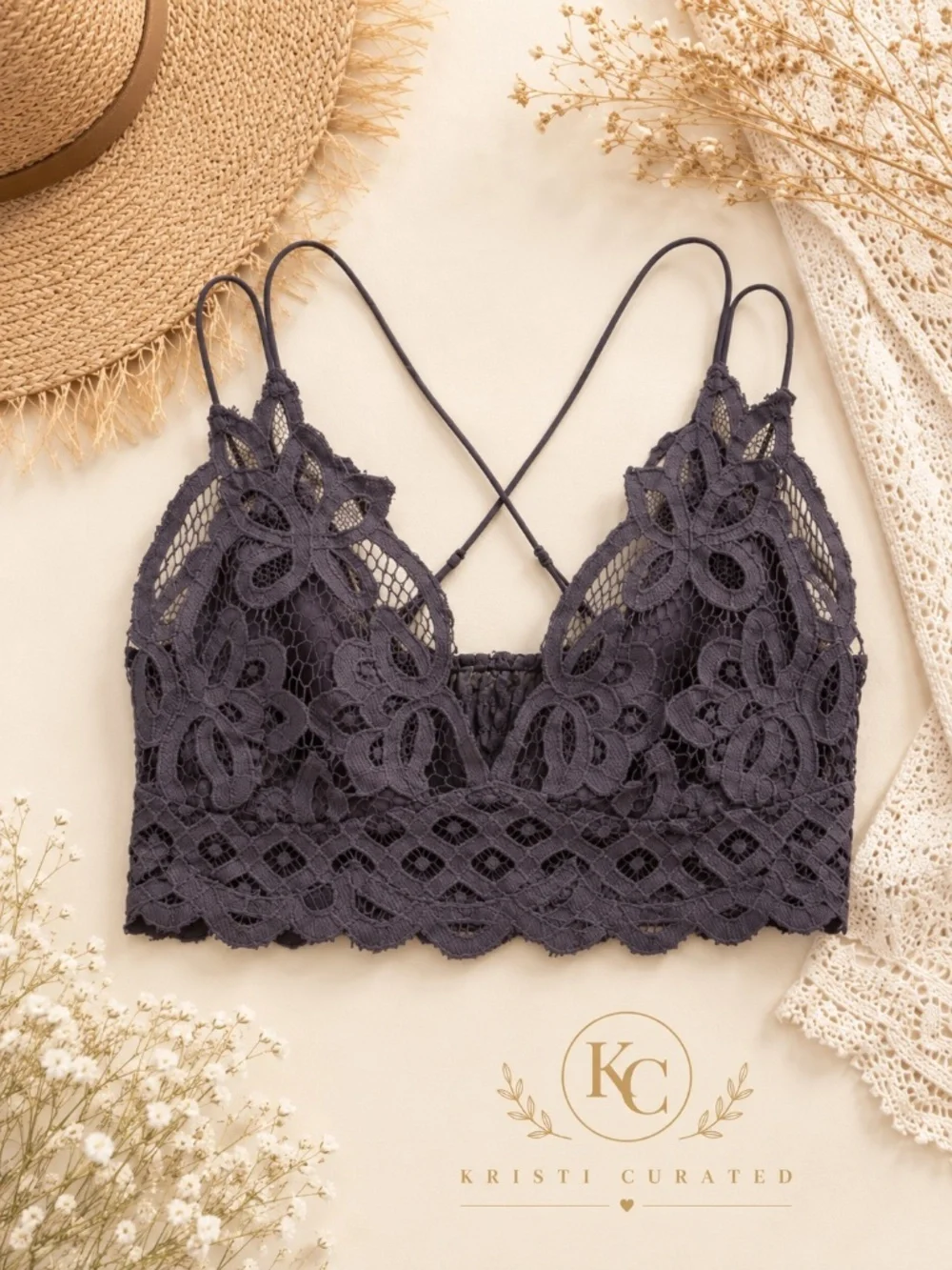 Free People Adella Lace Bralette Dark Gray Medium FP One